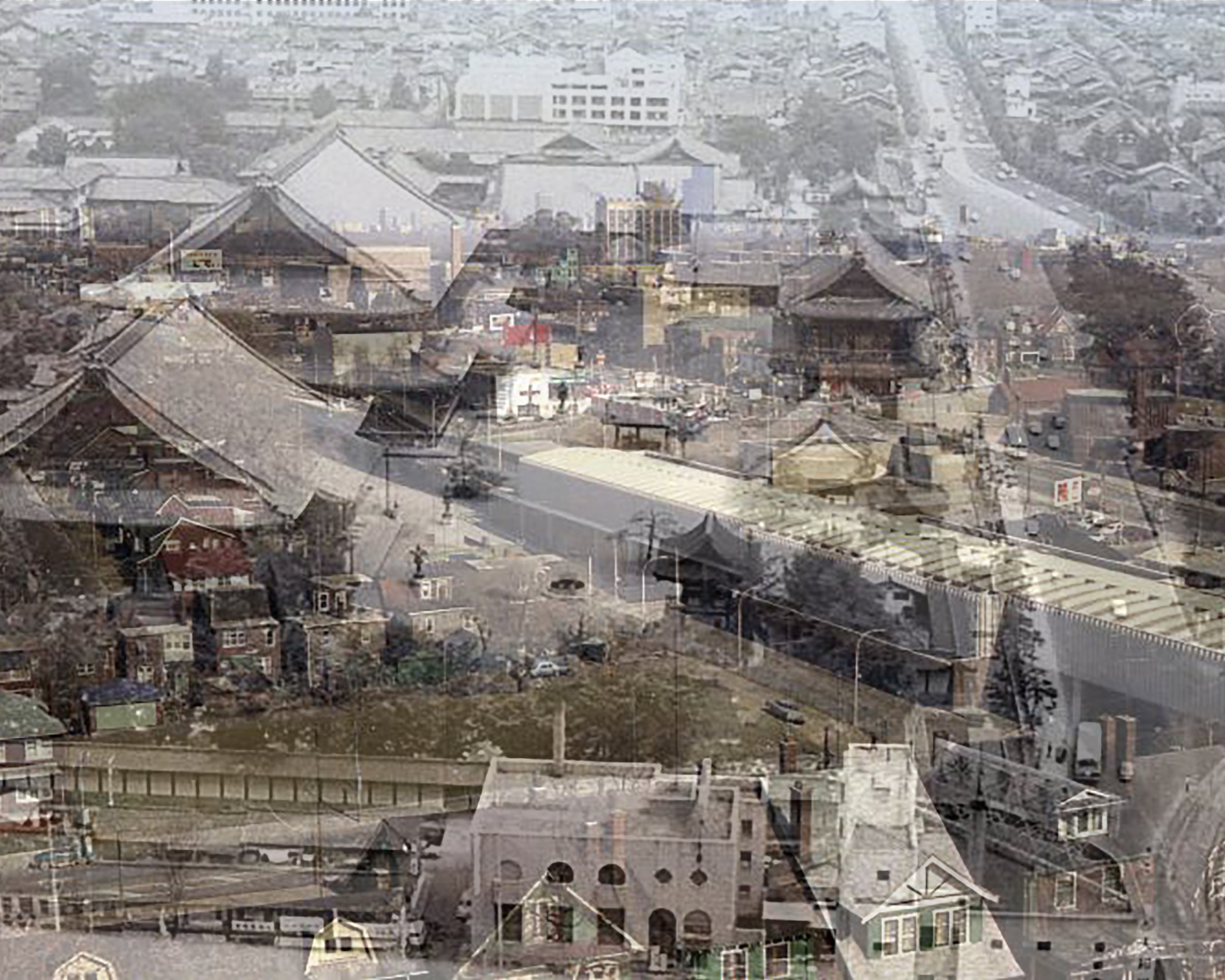 Gazing Down at the City: Higashi Hongan-ji temple complex (東本願寺), Kyoto, 1966 & Keele Station, Toronto, 1969 - Karen Sekikawa  関河カレン