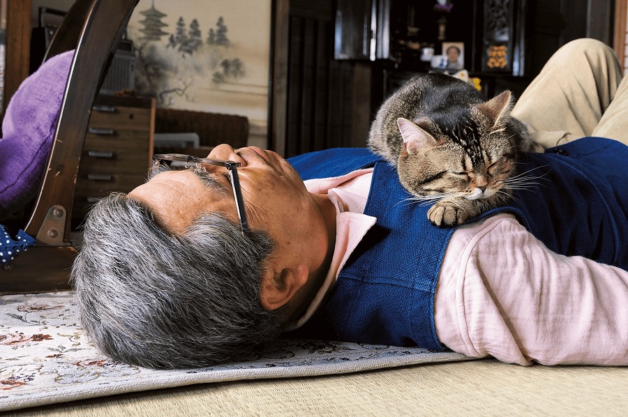 man with cat on chest