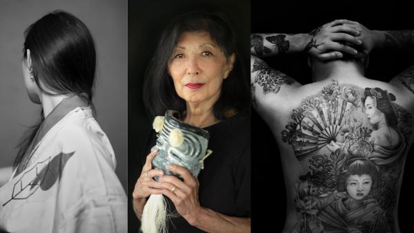 Wendy Tanaka stands between two of her photos. One the side profile of a woman and the other the back of a heavily tattooed man